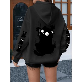 Women'S Plus Size Cat Drawing Print Hoodie, Casual Drawstring Hooded Long Sleeve Kangaroo Pocket Sweatshirt, Women'S Plus Size Clothing