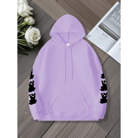 Women'S Plus Size Cat Drawing Print Hoodie, Casual Drawstring Hooded Long Sleeve Kangaroo Pocket Sweatshirt, Women'S Plus Size Clothing