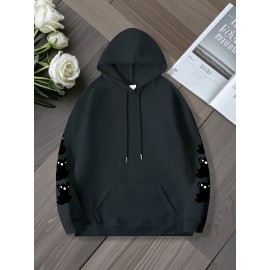 Women'S Plus Size Cat Drawing Print Hoodie, Casual Drawstring Hooded Long Sleeve Kangaroo Pocket Sweatshirt, Women'S Plus Size Clothing