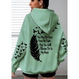 Women's Plus Size Soft Casual Hooded Sweatshirt with Artistic Back Print - Black & White & Bird Design, Kangaroo Pocket, Relaxed Fit, Machine Washable, All-Season Comfort, Ladies Sweatshirts, Decorative Text Design