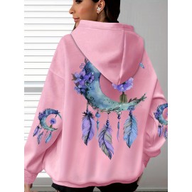 [Floral Moon Hoodie] Soft & Comfortable Plus Size Women's Floral Moon & Hoodie | Casual Long Sleeve Pullover with Pockets, Oversized Daily Wear, Purple & Blue Design