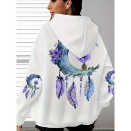 [Floral Moon Hoodie] Soft & Comfortable Plus Size Women's Floral Moon & Hoodie | Casual Long Sleeve Pullover with Pockets, Oversized Daily Wear, Purple & Blue Design