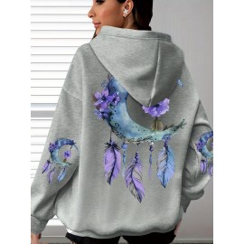 [Floral Moon Hoodie] Soft & Comfortable Plus Size Women's Floral Moon & Hoodie | Casual Long Sleeve Pullover with Pockets, Oversized Daily Wear, Purple & Blue Design