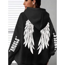 [Plus Size Angel Wings Hoodie] Soft & Comfortable Plus Size Angel Wings Print Hoodie | Long Sleeve Pullover with Pockets, Casual Style for Women, All Season Wear