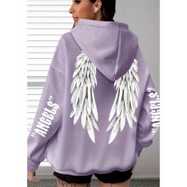 [Plus Size Angel Wings Hoodie] Soft & Comfortable Plus Size Angel Wings Print Hoodie | Long Sleeve Pullover with Pockets, Casual Style for Women, All Season Wear