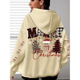 Plus Size, Women's Oversized Christmas Gingerbread Cookie Print Hooded Sweatshirt - Soft Long Sleeve Pullover with Pocket, Merry Christmas Lettering & Plaid Snowflake Design, Cozy Casual Holiday Sweater for Casual Attire (Machine Washable)