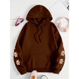 Plus Size, Women's Oversized Christmas Gingerbread Cookie Print Hooded Sweatshirt - Soft Long Sleeve Pullover with Pocket, Merry Christmas Lettering & Plaid Snowflake Design, Cozy Casual Holiday Sweater for Casual Attire (Machine Washable)
