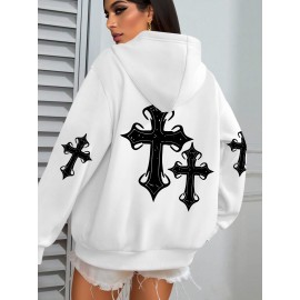 [Faithinspired Plus Size Hoodie] Faithinspired Plus Size Women's Elegant Casual Hooded Sweatshirt - Black Cross Print Long Sleeve Pullover, Cozy Fall & Winter Machine Washable Hoodie, Soft Fabric, Stylish, Durable Construction