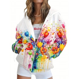 [Vibrant Hoodie] Vibrant Colorful Women's Casual Oil Paint Splatter Floral Print Zip-Up Hoodie | Relaxed Fit, Machine Washable, Autumn Winter Sweatshirt, Long Sleeve Design, Drawstring Hood