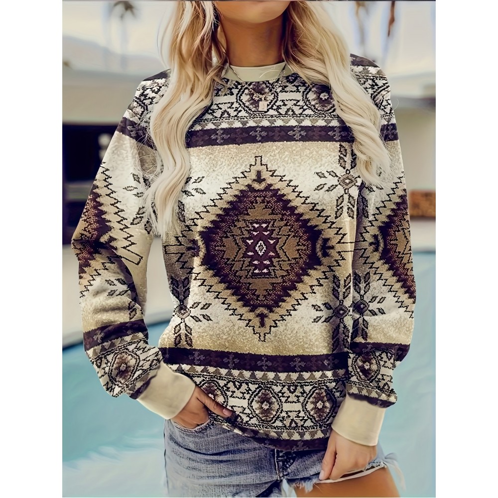 Plus Size - Women'S Bohemian Western Print Sweatshirt - Long Sleeve Round Neck Pullover with Tribal Pattern, All-Season Casual Comfort Fit, Oversized H-line Silhouette For Casual Attire, Bohemian Style, Comfortable Wear, Boho Lovers