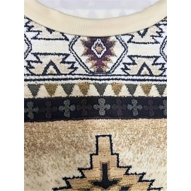 Plus Size - Women'S Bohemian Western Print Sweatshirt - Long Sleeve Round Neck Pullover with Tribal Pattern, All-Season Casual Comfort Fit, Oversized H-line Silhouette For Casual Attire, Bohemian Style, Comfortable Wear, Boho Lovers