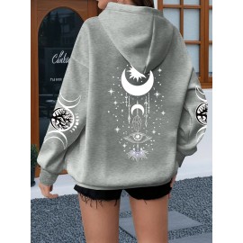 Oversized Women's Hoodie with Moon and Stars Graphic Print, 100% Polyester Long Sleeve Pullover with Kangaroo Pocket, Casual Loose Fit for All Seasons