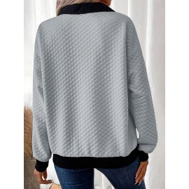 Plus Size - Plus Size Women'S Textured Button-Up Long Sleeve Sweatshirt - Relaxed Fit, Contrast Trim, Medium Stretch, All-Season Casual Pullover with Wide Collar, Machine Washable, Cute Sweatshirts, Versatile Clothing, Chic Style, Mediumstretch Fabric, Durable Clothing