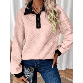 Plus Size - Plus Size Women'S Textured Button-Up Long Sleeve Sweatshirt - Relaxed Fit, Contrast Trim, Medium Stretch, All-Season Casual Pullover with Wide Collar, Machine Washable, Cute Sweatshirts, Versatile Clothing, Chic Style, Mediumstretch Fabric, Durable Clothing