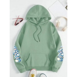 [Cozy Snowman Hoodie] Cozy Oversized Women's Mint Green Snowman & Snowflake Print Hoodie | Soft Casual Long Sleeve Pullover with Pockets, Machine Washable, Winter Accessories, Comfortable Clothing, Playful Graphic Design, Durable Fabric