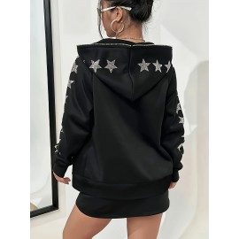Plus Size - Women'S Plus Size Black Hooded Zip-Up Jacket with Sparkling Star Embellishments - Elegant Winter Outerwear, Long Sleeve, Front Pockets, Casual Style, Winter Jacket | Sparkling Embellishments | Zippered Hoodie
