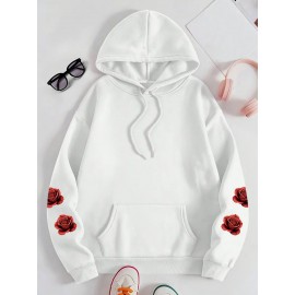 [Floral Print Hoodie] Women's Plus Size Floral Print Hoodie - Cozy Long Sleeve Pullover with Pockets, Soft Casual Wear, Brown with Red Roses and Green Leaves Design, Allseason Hoodie | Stylish Casualwear | Comfortable Fabri