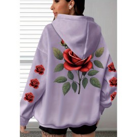 [Floral Print Hoodie] Women's Plus Size Floral Print Hoodie - Cozy Long Sleeve Pullover with Pockets, Soft Casual Wear, Brown with Red Roses and Green Leaves Design, Allseason Hoodie | Stylish Casualwear | Comfortable Fabri