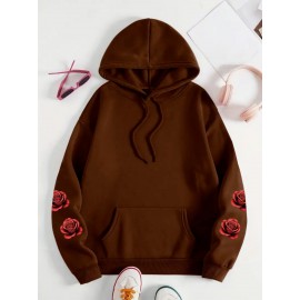 [Floral Print Hoodie] Women's Plus Size Floral Print Hoodie - Cozy Long Sleeve Pullover with Pockets, Soft Casual Wear, Brown with Red Roses and Green Leaves Design, Allseason Hoodie | Stylish Casualwear | Comfortable Fabri