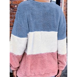 [Plus Size Fleece Hoodie] Cozy Plus Size Women's Plush Fleece Hoodie | Color Block Striped Loose Fit Pullover, Round Neck & Machine Washable | Casual Fall Winter Fashion Top, Comfortable Clothing, Nontransparent Material