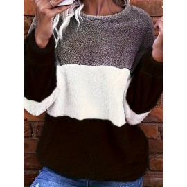 [Plus Size Fleece Hoodie] Cozy Plus Size Women's Plush Fleece Hoodie | Color Block Striped Loose Fit Pullover, Round Neck & Machine Washable | Casual Fall Winter Fashion Top, Comfortable Clothing, Nontransparent Material