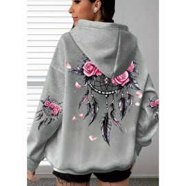 [Pink Oversized Hoodie] Soft Women's Oversized Hoodie | Floral Turtle Graphic Print Long Sleeve Pocket Sweatshirt, Pink All-Season Comfort Fit, Everyday Comfort Wear, Quality Casualwear