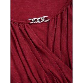 Plus Size Solid Keyhole Neck Belted Top, Ruched Flare Sleeve Chain Decor Elegant Top For Spring & Fall, Women's Plus Size Clothing