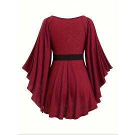 Plus Size Solid Keyhole Neck Belted Top, Ruched Flare Sleeve Chain Decor Elegant Top For Spring & Fall, Women's Plus Size Clothing