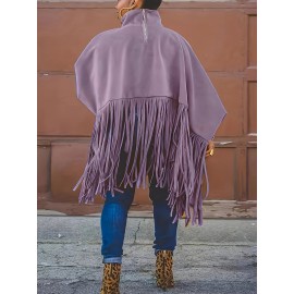 Plus Size, Plus Size Women's Batwing Sleeve Turtleneck Top with Fringe Hem - Loose Fit Casual Chic Long Sleeve Shirt, Solid Color Machine Washable Fall Winter Clothing for Women, Elegant Overlay, Highneck Shirt, Easycare Fabric, Spring Outfit, Durable Shirt, Curvy Fashion