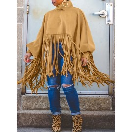 [Plus Size Tassel Top] Plus Size Women's Tassel Top - Vibrant Red Retro Chic Oversized High Neck Long Sleeve Blouse | Batwing Sleeves, Flowy Fabric, Stretchy Machine-Washable | Party & Banquet, Festive Outfit, Fall/Winter Fashion, Casual & Formal Events
