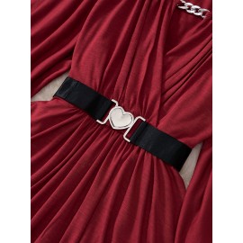 Plus Size - Elegant Plus Size V-Neck Long Sleeve Top with Heart Waist Belt - Stretchy Solid Color, Asymmetrical Hem, All-Season Fashion, Versatile for Casual or Formal Wear, Versatile Fashion | Asymmetrical Hemline | Comfortable Fit