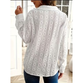 Plus Size - Plus Size Women'S Elegant Long Sleeve Blouse - Solid Color Jacquard Weave, Button-Up Collar, Stretchy Fabric, Casual Chic Style for Spring Summer Fall, Versatile for Casual & Formal Wear, Seasonal Fashion, Sophisticated Desig