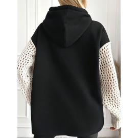 Plus Size, Women's Plus-Size Hoodie - Black & White Contrast Sleeves, Ribbed Cuffs & Hem, Cozy Pullover Sweatshirt for All-Season Casual Wear, Sweater Hoodie, Hooded Sweatshirt, Durable Knitwear