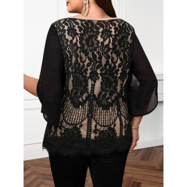 Plus Size - Plus Size, Women'S Plus Size Elegant Lace Chiffon Blouse - Semi-Sheer Floral-like Lace Overlay, Stretchy Non-See-Through Fabric, Machine Washable Office to Party Tops for Women - Spring/Summer Casual & Formal Outfits, Versatile Clothing, Sophisticated Style, Delicate Detailing, Stylish Top, Fashion Lovers