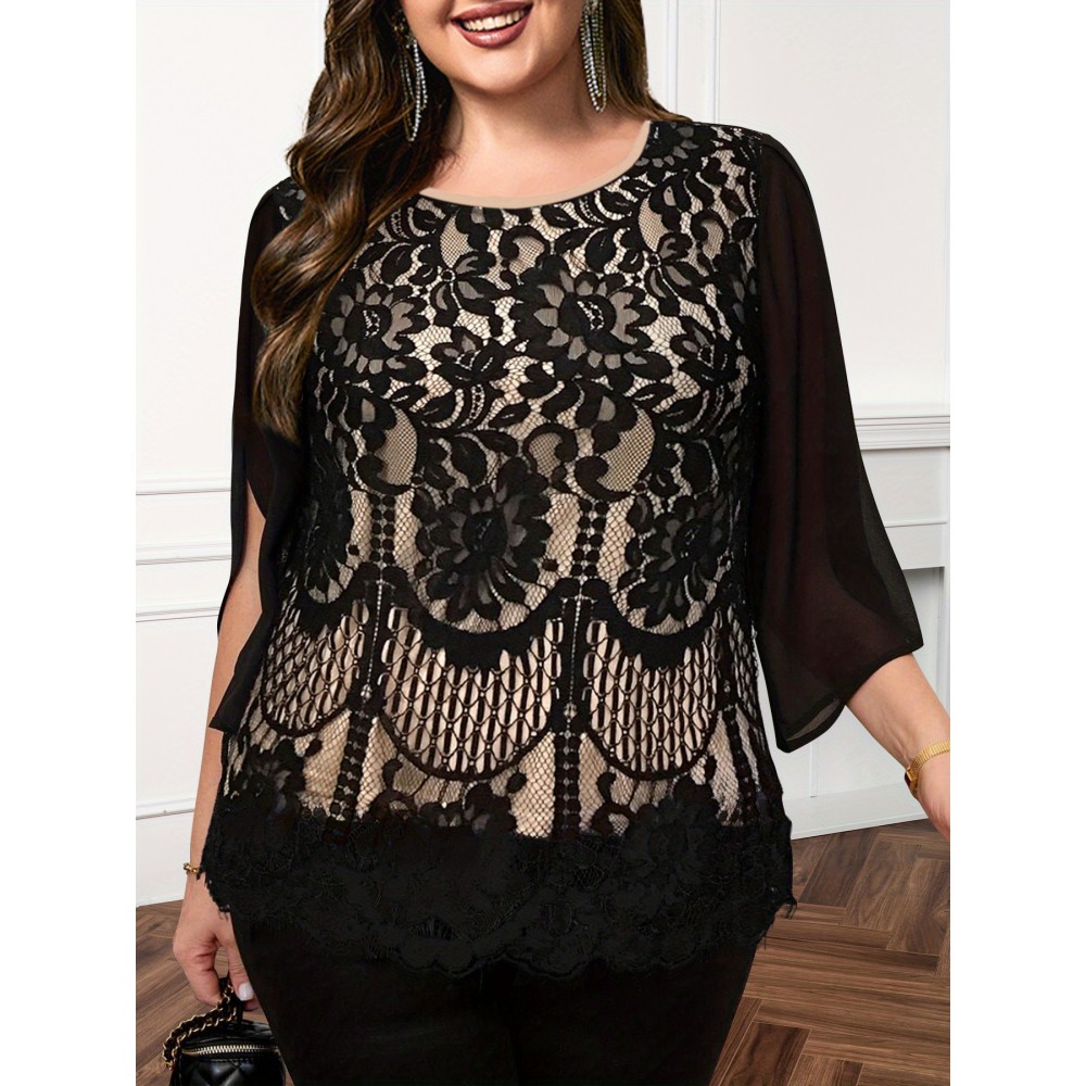 Plus Size - Plus Size, Women'S Plus Size Elegant Lace Chiffon Blouse - Semi-Sheer Floral-like Lace Overlay, Stretchy Non-See-Through Fabric, Machine Washable Office to Party Tops for Women - Spring/Summer Casual & Formal Outfits, Versatile Clothing, Sophisticated Style, Delicate Detailing, Stylish Top, Fashion Lovers