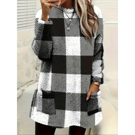 Plus Size - Women'S Plus Size Plaid Sweater - Cozy Fleece-Lined Long Sleeve Round Neck Top with Pockets, Casual Fall/Winter Wear