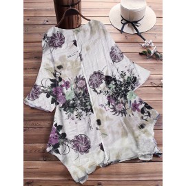 Plus Size - Plus Size, Women'S Plus Size V-Neck Floral Print Blouse - Casual Loose Fit, Asymmetrical Hem, Lightweight Non-Stretch Fabric, Spring Fashion Top with Butterfly & Floral Design, Ladies Blouses, Vneck Blouse, Printed Blouse, Gentle Loungewear, Soft Texture, Worn with Office Lounge, Ideal Women Gift, Top Tees, Work Wardrobe, Made from Solid Machine Washable High Soft Fabric Casually Sweptforward Design