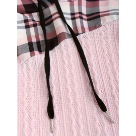 Plus Size - Plus Size Women'S Plaid Hooded Sweater - Long Sleeve Pullover with Drawstring Hood, Casual Fall/Winter Top, Pink & Checkered Pattern, Cozy Clothing | Relaxed Fit Sweater | Construction