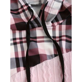 Plus Size - Plus Size Women'S Plaid Hooded Sweater - Long Sleeve Pullover with Drawstring Hood, Casual Fall/Winter Top, Pink & Checkered Pattern, Cozy Clothing | Relaxed Fit Sweater | Construction