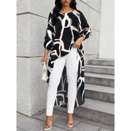 Plus Size, Plus Size Women's Elegant Oversized Asymmetrical Hem Blazer-like Jacket - Black/White/Beige/ Geometric Print Long Sleeve Coat, Machine Washable Loose-Fit Top for Spring/Fall, Casual & Formal Events (No Chest Padding)