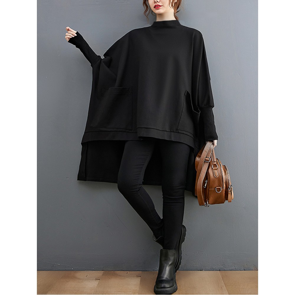 Plus Size - Plus Size Women'S High Neck Batwing Sleeve T-Shirt - Stretchy Fleece-Lined Mid-Length Top with Asymmetrical Hem, Casual Chic Solid Color Design for Fall/Winter, Versatile Layering Piece, Winter Clothing | Asymmetrical Hemline