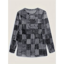 Plus Size, [Denim Print/Imitation Denim] Plus Size Women's Casual Imitation Denim Print Long Sleeve Top - Blue & White Grid Pattern with Golden Accents, Medium Stretch Round Neck, Contrast Cuffs, Autumn/Winter Versatile Layering Piece, Denim Top, Layering Fashion, Soft Texture Fabric