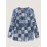 Plus Size, [Denim Print/Imitation Denim] Plus Size Women's Casual Imitation Denim Print Long Sleeve Top - Blue & White Grid Pattern with Golden Accents, Medium Stretch Round Neck, Contrast Cuffs, Autumn/Winter Versatile Layering Piece, Denim Top, Layering Fashion, Soft Texture Fabric