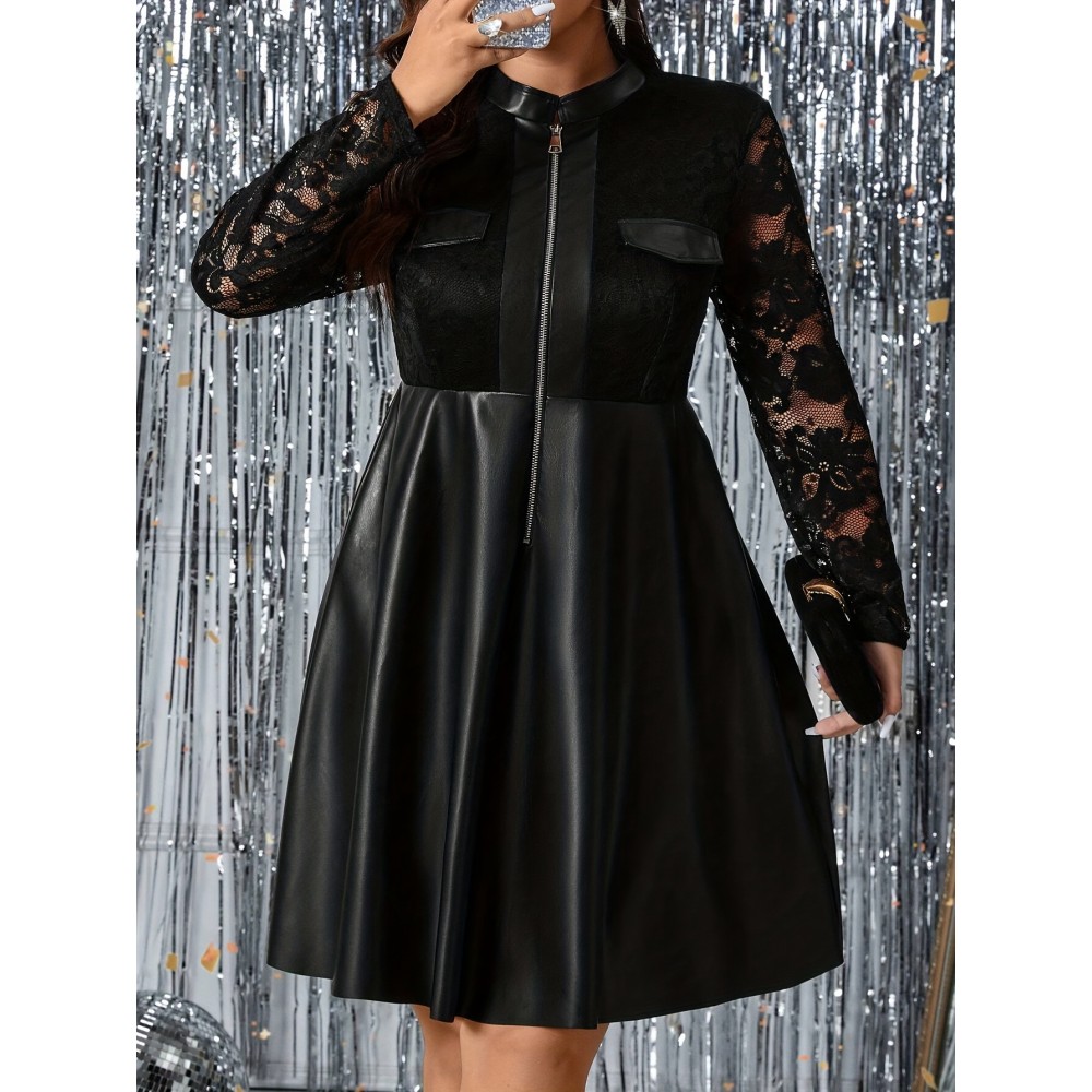 Plus Size - Women'S Elegant Black Lace Long Sleeve Dress with Contrast Lace Detail - Loose Fit, Stand Collar, Regular Sleeve, Mid-Length, All-Season Casual to Semi-Formal Wear
