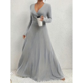 1pc Elegant Plus Size V-Neck Long Sleeve A-Line Dress - Polyester Knit Fabric, Solid Color, Cross Detail, Flared Hem, Pullover Style for Spring/Fall Casual Occasions