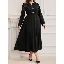 Plus Size - Elegant Plus Size Women'S Solid Color Dress with Front Bow Detail - Comfortable, Breathable, Long Sleeve, Flared Hem, Round Neck, All-Season Wear, Formal Attire|Elegant Dress|Comfortable Fit