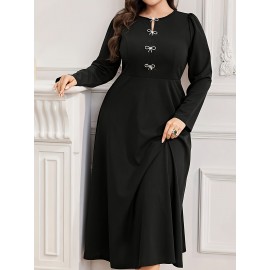 Plus Size - Elegant Plus Size Women'S Solid Color Dress with Front Bow Detail - Comfortable, Breathable, Long Sleeve, Flared Hem, Round Neck, All-Season Wear, Formal Attire|Elegant Dress|Comfortable Fit