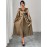 Plus Size - Elegant Plus Size V-Neck Long Sleeve Dress with Puff Sleeves and Cinched Waist - Golden, Flowing A-Line Silhouette, Perfect for Formal Occasions, Formal Evening Wear | Vneck Dress | Glossy Texture