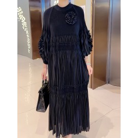 [Polyester|Elegant] Polyester Elegant Pleated Tunic Dress | Crew Neck, High Stretch, Long Length, No Belt, All Seasons | Trapeze Hem, Pleated Silhouette, No Padding, Going Out Occasion, A Fit Type, Woven Weaving Method, Polyester Lining, 100 g/m² Lining Weight, 100 g/m² Fabric Weight, Lantern Sleeves, Solid Color