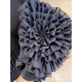 [Polyester|Elegant] Polyester Elegant Pleated Tunic Dress | Crew Neck, High Stretch, Long Length, No Belt, All Seasons | Trapeze Hem, Pleated Silhouette, No Padding, Going Out Occasion, A Fit Type, Woven Weaving Method, Polyester Lining, 100 g/m² Lining Weight, 100 g/m² Fabric Weight, Lantern Sleeves, Solid Color